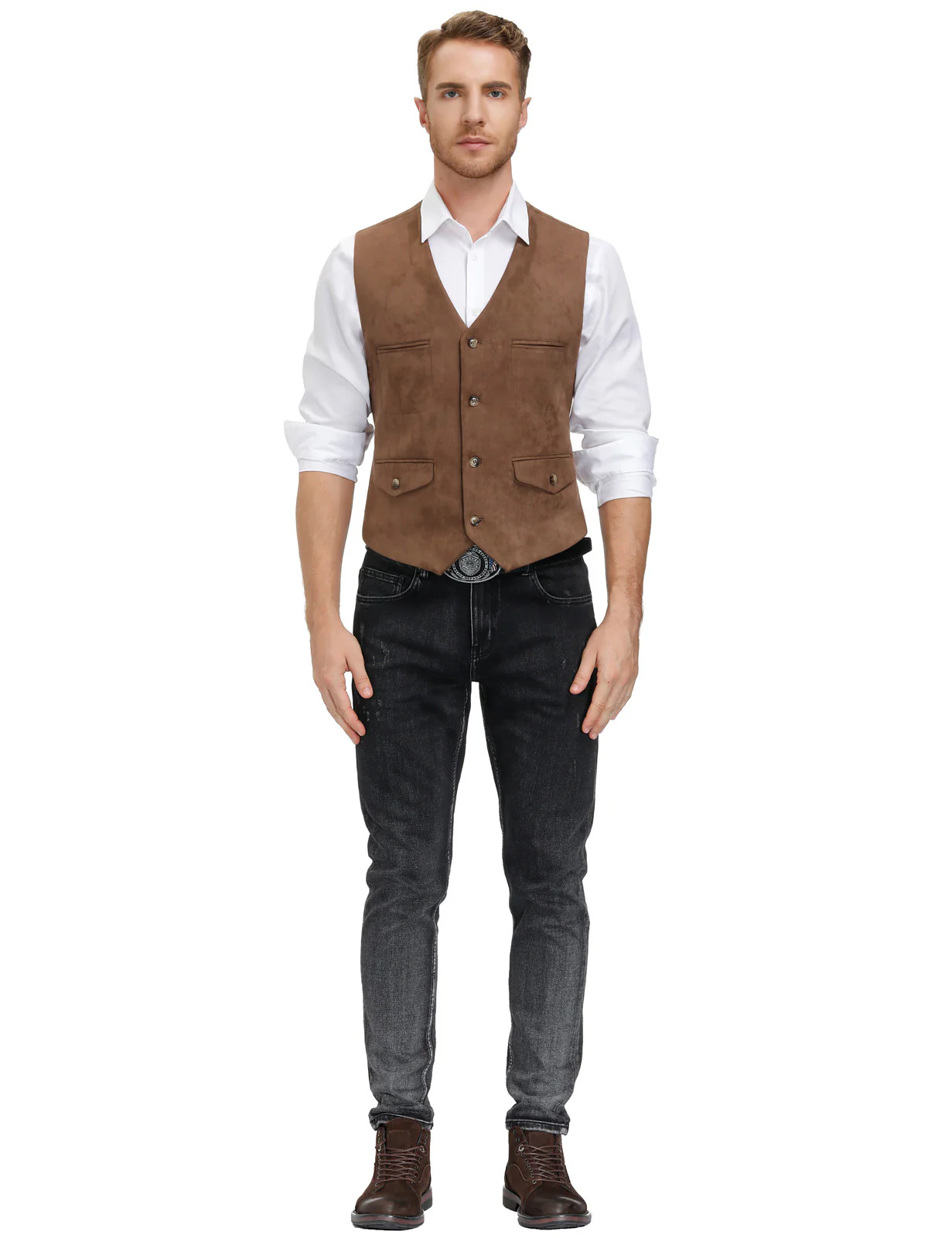 Men's Suede Leather Vest Casual V-Neck Single Breasted Slim Fit Western Cowboy Vest with Pockets - Image 14