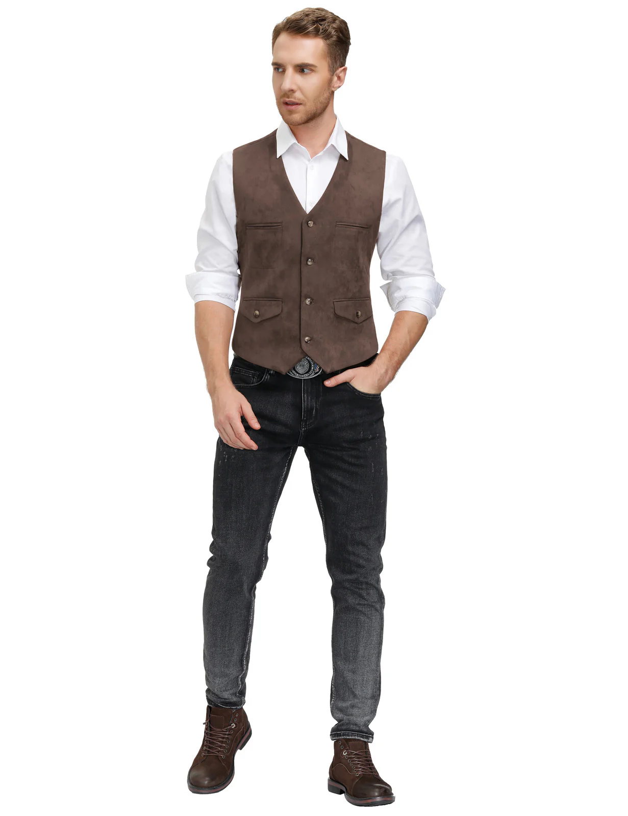 Men's Suede Leather Vest Casual V-Neck Single Breasted Slim Fit Western Cowboy Vest with Pockets - Image 20