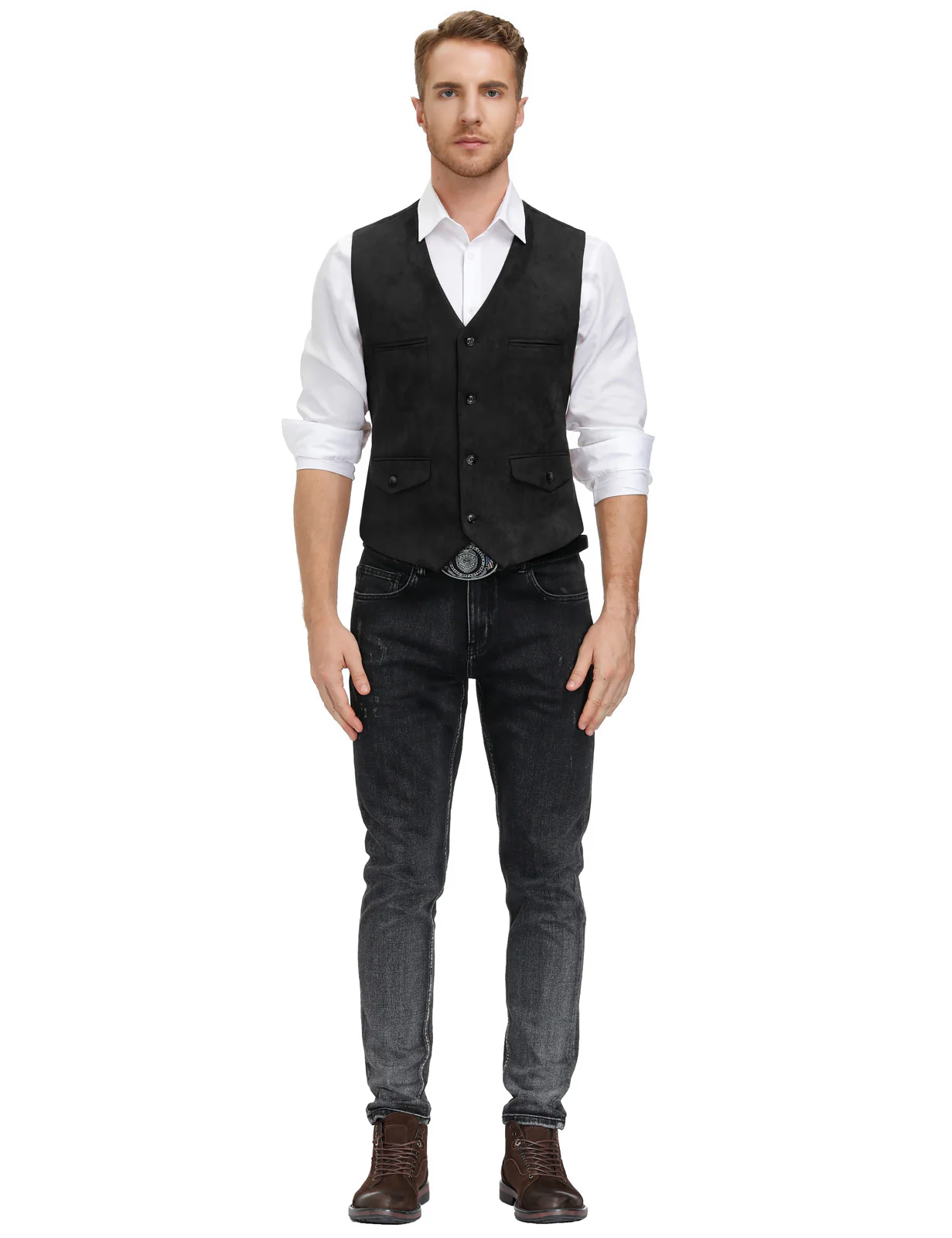 Men's Suede Leather Vest Casual V-Neck Single Breasted Slim Fit Western Cowboy Vest with Pockets - Image 26
